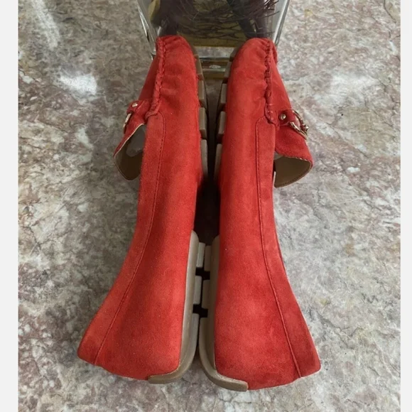 Red Suede Loafers with Gold Buckle - Picture 2 of 4